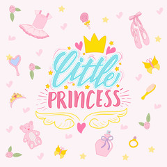 lettering little princess and set of drawn elements for a girl