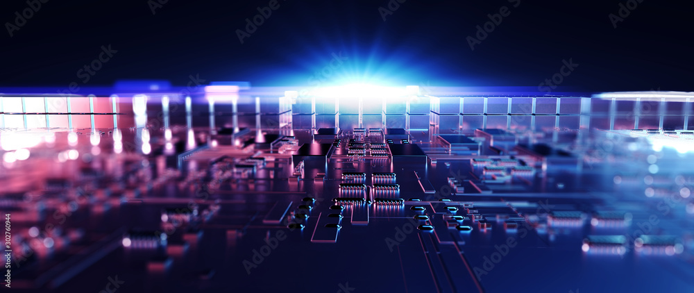 Poster Printed circuit board futuristic server/Circuit board futuristic server code processing. Orange,  green, blue technology background with bokeh. 3d rendering