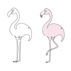 Fototapeta premium A set of flamingos. Silhouette of a flamingo in a continuous line. Tropical bird drawn by one line. Vector illustration for logo.