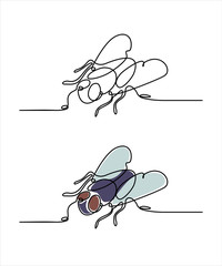 The fly is a continuous line, the insect is sitting, drawn by a single solid line, in color and contour.