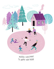 Christmas greeting card with skating people.