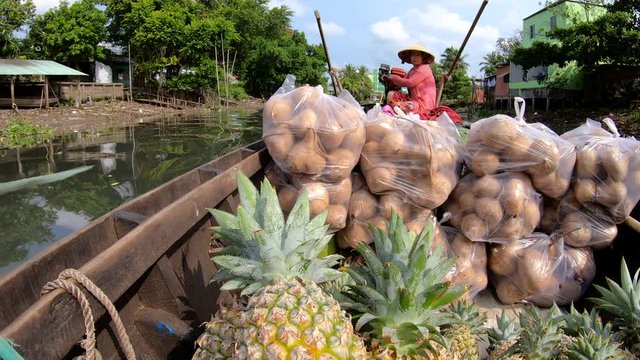 Vietnamese floating market river vendor selling her produce 
