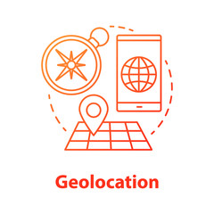Geolocation concept icon. GPS navigation idea thin line illustration. Search route, choose travel destination. Map with geotag. Navigator application. Vector isolated outline drawing
