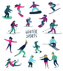 Skating, skiing and snowboarding people icons.