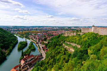 Citadel of Besancon and River Doubs of Bourgogne Franche-Comte region of France. French Castle and medieval stone fortress in Burgundy. Fortress architecture and landscape. View from tower