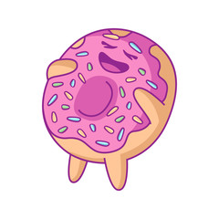 Cartoon happy laughing donut character with pink glaze. For stickers, greeting cards, party invitations, posters, prints and books.