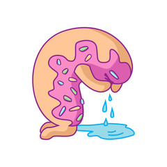 Cartoon sad crying donut character with pink glaze makes a puddle of tears. For stickers, greeting cards, party invitations, posters, prints and books.