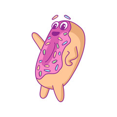 Cartoon happy smiling donut character with pink glaze making welcomes. For stickers, greeting cards, party invitations, posters, prints and books.