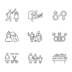 Gender equality linear icons set. Violance against woman. Gender stereotypes. Forced sterilization. Politic rights. Thin line contour symbols. Isolated vector outline illustrations. Editable stroke