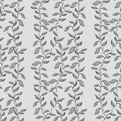 Seamless pattern of tree branches and leaves. Black and white drawing on a gray background