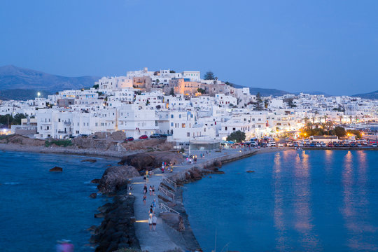Hora (Old Town) with Causeway to the Temple of Apollo in the foreground, Naxos Island, Cyclades Group, Greek Islands, Greece