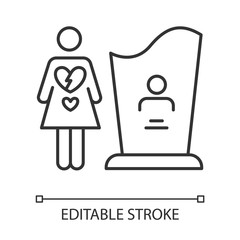 Maternal mortality linear icon. Woman grieving. Girl heartbroken. Death of partner, child. Mourn family member. Thin line illustration. Contour symbol. Vector isolated outline drawing. Editable stroke