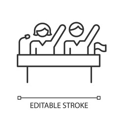 Politic rights gender equality linear icon. Female and male candidates. Public speaking. Freedom, democracy. Thin line illustration. Contour symbol. Vector isolated outline drawing. Editable stroke