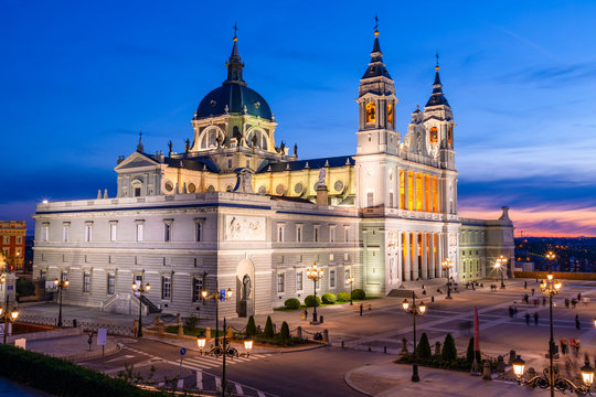 Exterior of Almudena Cathedral at dusk, Madrid, Spain