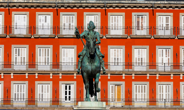 Statue of King Philip lll in the Plaza Mayor, Madrid, Spain