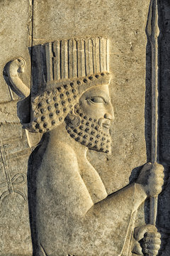 Apadana stairway facade detail, relief of the Achaemenids, Medes and Persians, Persepolis, Fars Province, Islamic Republic of Iran