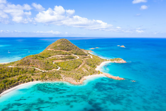 Aerial view by drone of Hermitage Bay and Pearns Point, Antigua, Antigua and Barbuda, Leeward Islands