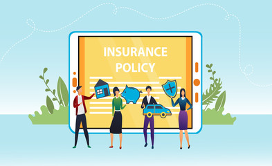 Characters of people are holding insurance icons- piggy bank, car, shield, house.