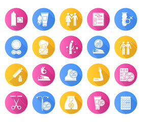 Safe sex flat design long shadow glyph icons set. Condoms. Lubricant, spermicide. Sterilisation. Couple. Sober sex with consent. Contraceptive patch, device, ring. Vector silhouette illustration