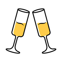 Two clinking glasses with champagne color icon. Sparkling wine. Glassfuls of alcohol beverage. Wine service. Celebration, party. Wedding. Tasting, degustation. Cheers. Isolated vector illustration