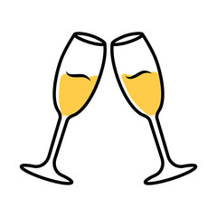 Two clinking glasses with sparkling wine color icon. Champagne flutes. Glassfuls of alcohol beverage. Wine service. Celebration. Wedding. Tasting, degustation. Cheers. Isolated vector illustration