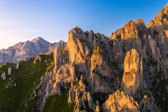 Torre Cinquantenario and Torre Cecilia surrounding Rifugio Rosalba, Grignetta, Lake Como, Lecco, Lombardy