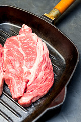 A raw marbled beef steak sits in a frying pan.