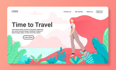 Illustration of time to travel for a business travel landing page templates. Woman Tourists travelling with family, friends or alone, go on journey exotic place with palm trees. Vector flat style