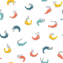 Shrimp pattern. Vector seamless background with funny seafood. Characters in a simple cartoon Scandinavian style. Limited colorful palette perfect for printing