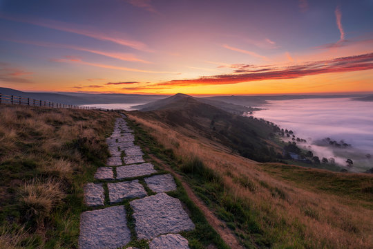 Cloud inversion with path leading to Lose Hill from Mam Tor, Derbyshire Peak District, Hope Valley, Derbyshire