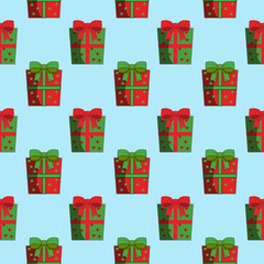 Seamless Pattern Of Cartoon Christmas Wrapped Gifts in Green and Red Ribbons , Stars of Different Colors.
