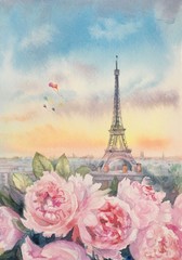Watercolor Eiffel Tower in Paris France. Balloons and peony flowers in Paris. Valentine day, happy holiday, love. Vertical view, copy-space. Template for designs, invitation, card, border, posters.
