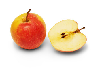 Whole apple and a half on white background, isolated, closeup