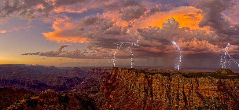 An evening thunderstorm approaching the Grand Canyon in Arizona, viewed from the Desert View Vista, Grand Canyon National Park, Arizona