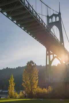 Sunny day at Cathedral Park and the St Johns Bridge, Portland Oregon