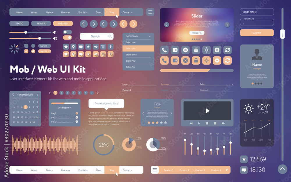 Fototapete vector ui ux kit for mobile applications and web sites. universal user interface template with respo