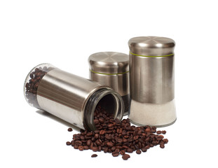 Glass jars with metal caps for coffee, tea, sugar on white background, isolated