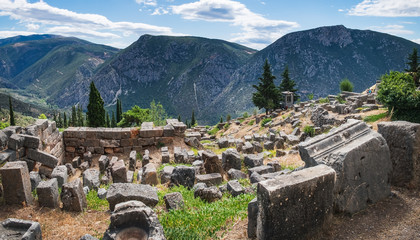 Scenic landscape with picturesque mountains, cloudy sky and ancient ruins on the Hillside of the...