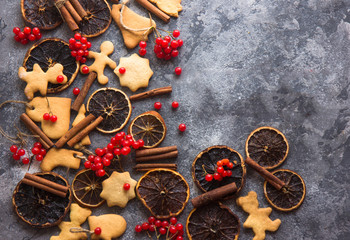 Christmas flat lay background with traditional gingerbread cookies. Festive flat lay X-mas or New...
