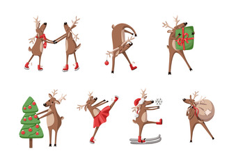 Santa's Christmas reindeer set. A collection of merry, dancing, skiing and skating, carrying gifts and Christmas tree deers. Vector illustration on white background.