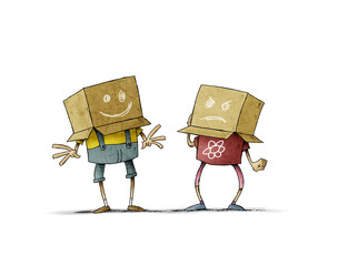 Couple of children with a box on the head, a box has a cheerful face and the other an angry face. Concept of joy and anger. isolated