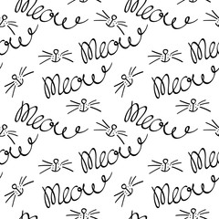 Fototapeta na wymiar Seamless pattern with meow lettering, cats nose and whiskers. Black hand drawing on white background. Vector illustration.