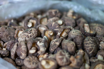 Dried shitake mushrooms in a bag. This is a typical scene for asian markets. Different kind of mushrooms are displayed and sold.