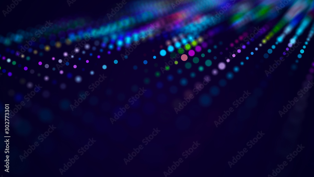 Poster Wave of musical sounds. Abstract background with interweaving of dots and lines. 3D rendering.