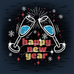 Merry Christmas And Happy New Year Vector Design. Glasses Of Champagne.