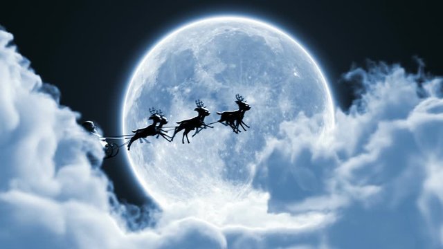 Santa Claus on a Reindeer Sleigh Flying Between the Clouds on the Background of the Moon, Beautiful 3d Animation, Full HD