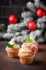 Christmas festive cupcake with different decorations