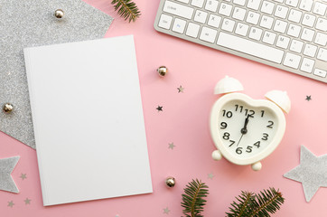 Time management concept. Blank notebook mockup. Alarm clock heart shaped. Keyboard and decorative branch on white background. Top view Flat lay Copy space.New year To do list concept