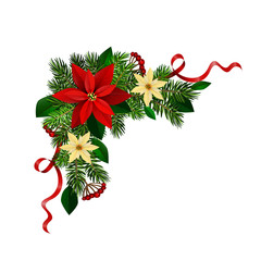 Christmas corner decoration with Christmas holly garland, red. Vector.
