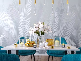Interior dining area with a bright accent element.Decorative composition of the table.Table setting.